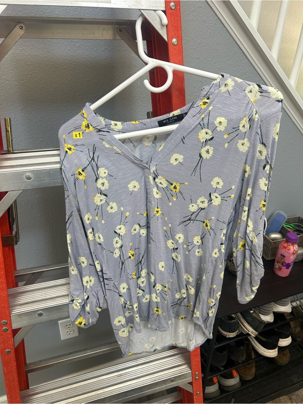 Max Jeans Lavender Floral V-Neck Top with Yellow Accents